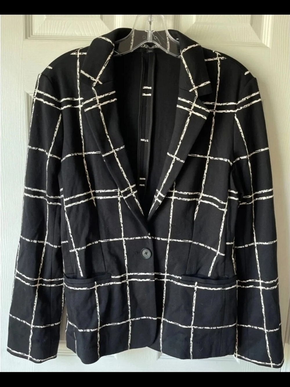 Express Blazer Womens Size M Career Ponte Knit Plaid Classic Button Black Jacket